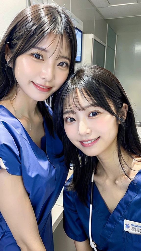Dental hygienist, two women, wearing blue medical scrubs, Japanese, black hair, women in their early 20s Upper body close-up smile Photo shoot at the clinic Harmony々