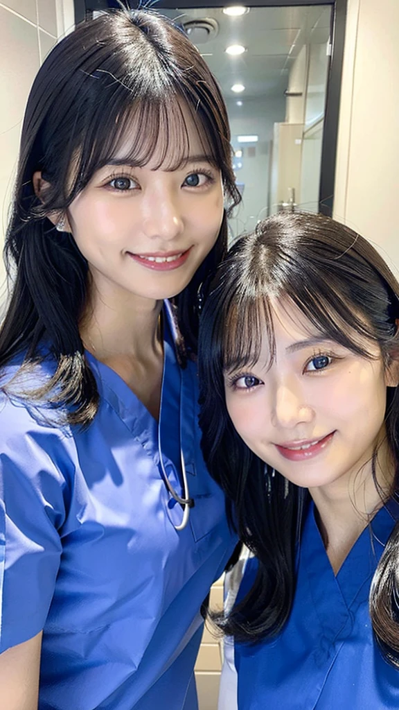 Dental hygienist, two women, wearing blue medical scrubs, Japanese, black hair, women in their early 20s Upper body close-up smile Photo shoot at the clinic Harmony々