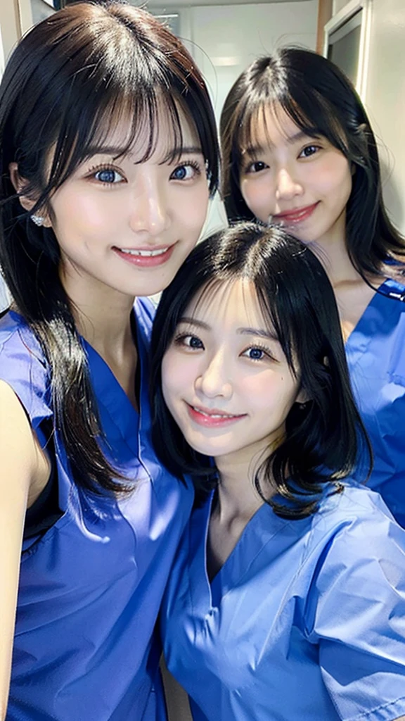 Dental hygienist, two women, wearing blue medical scrubs, Japanese, black hair, women in their early 20s Upper body close-up smile Photo shoot at the clinic Harmony々