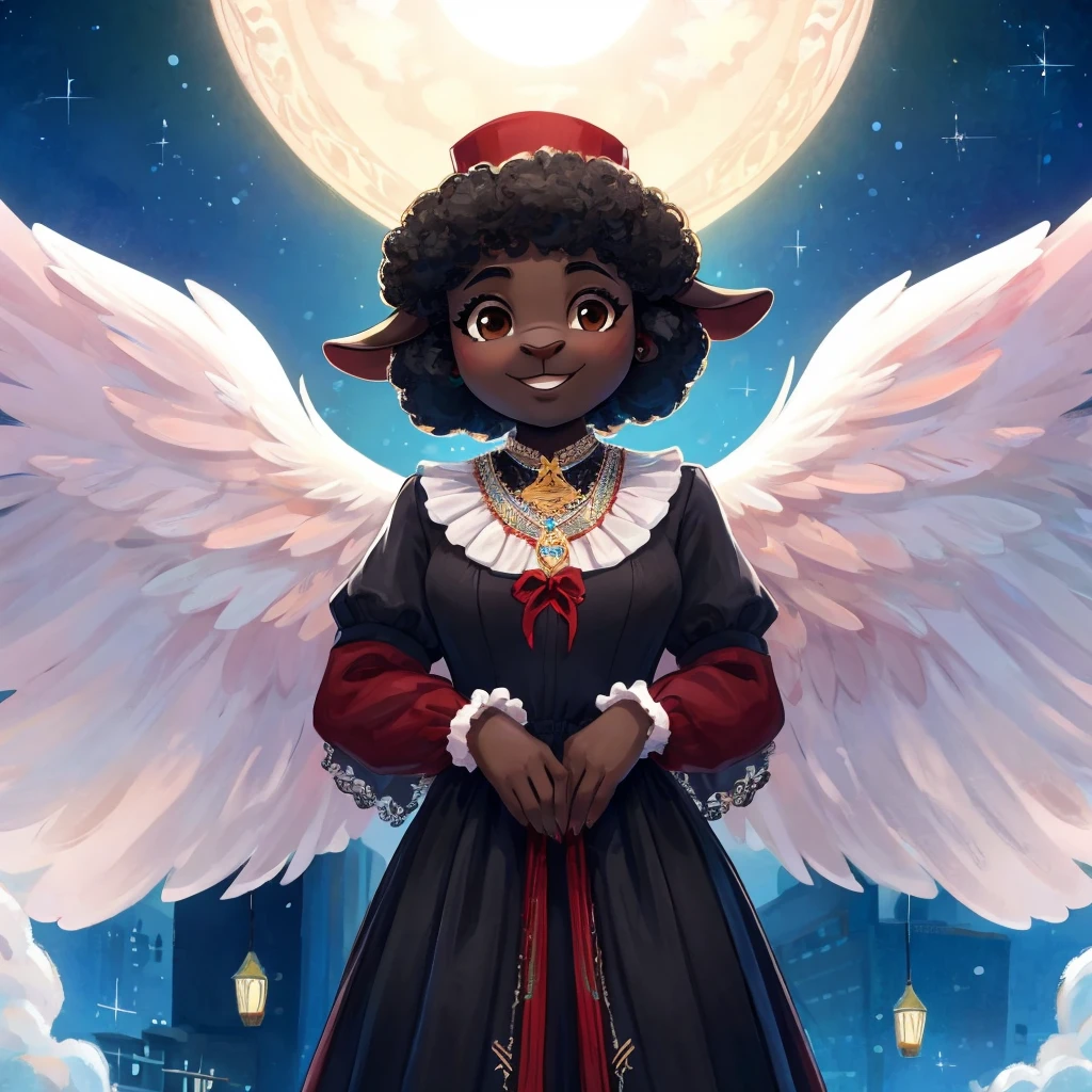 One cute anthro, black sheep woman, anthro black sheep, angel, sheep furry, sheep angel, black sheep, innocent, motherly, androgynous, dark skin, black woman, short afro hair, black hair, ((cartoony)), ((cute)), smiling, cute clothes, modest clothes, adorable, dark color scheme, black gray brown dark green maroon emerald and burgundy color scheme, old, elderly woman, cartoony, adorable, sheep tail, brown eyes, angel wings, bugs, bustling city, big city, heaven, white buildings, angels, wearing a dress with a fitted bodice with a high neckline and long sleeves adorned with lace, ruffles, and intricate embroidery and a full, floor-length skirt decorated with ribbon trim and a fashionable cape or cloak with fur trim along with large elaborate hats with wide brims and delicate jewelry such as brooches cameo necklaces and earrings made of pearls or small diamonds also high-button boots made of leather, often with a slight heel
