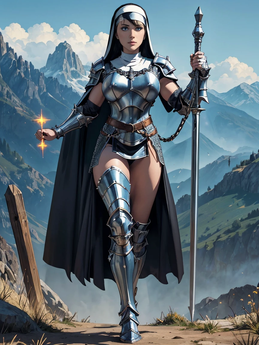 (masterpiece, top quality, best quality, official art, beautiful and aesthetic:1.2), (1girl:1.3), ((Sharp facial features, sharp features, hawkish features)), ((blue eyes)), busty paladin knight girl, extremely detailed, portrait, looking at viewer, solo, (full body:0.6), detailed background, full-body shot, (warm mountain meadow theme:1.1), holy knight, (nun), charlatan, smirk, mysterious, swaying in mountains, armor, polished metal, gold trim, long boots, white fabric, pelvic curtain, robe, pale leather, ((((nun, holy aura, corona, mace, heavy armor, armored, long legs, pelvic curtain, toned, muscular, chainmail)))), slim waist, slim hips, long legs, medieval (mountain exterior:1.1) background, dark mysterious lighting, shadows, magical atmosphere, dutch angle