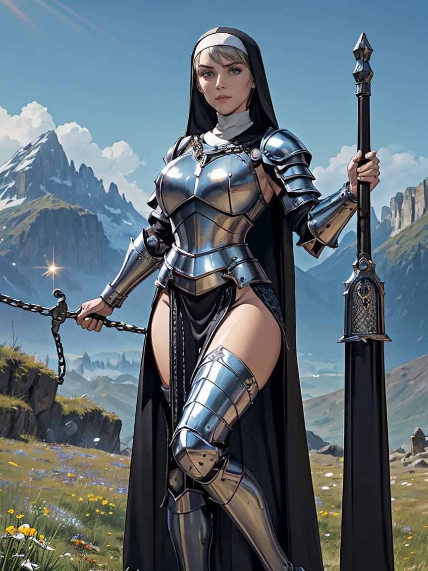 (masterpiece, top quality, best quality, official art, beautiful and aesthetic:1.2), (1girl:1.3), ((Sharp facial features, sharp features, hawkish features)), ((blue eyes)), busty paladin knight girl, extremely detailed, portrait, looking at viewer, solo, (full body:0.6), detailed background, full-body shot, (warm mountain meadow theme:1.1), holy knight, (nun), charlatan, smirk, mysterious, swaying in mountains, armor, polished metal, gold trim, long boots, white fabric, pelvic curtain, robe, pale leather, ((((nun, holy aura, corona, mace, heavy armor, armored, long legs, pelvic curtain, toned, muscular, chainmail)))), slim waist, slim hips, long legs, medieval (mountain exterior:1.1) background, dark mysterious lighting, shadows, magical atmosphere, dutch angle