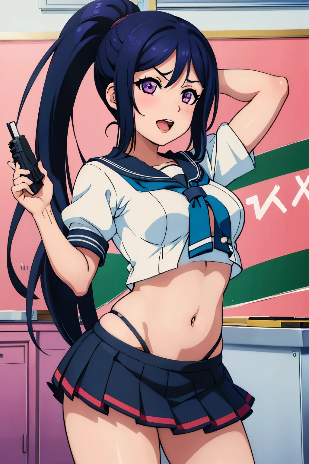 (1girl), (solo), matsuura kanan, blue hair, purple eyes, high ponytail, jewelry, blush, lipstick, Hot girl, baddie, staring, glaring, bad attitude, mean girl, dare, angry, hate, crazy, smoking, sensual, attractive, masterpiece, best quality, highly detailed, a anime girls in sailor uniforms with a gun posing for a picture,
evil smile, smile, open mouth,black_serafuku, ecchi anime style, anime girls , (nsfw) not safe for work,
ecchi style, ecchi, shipgirls, digital anime art!!, high school girls, holding a gun, hold a gun, anime style 4
k, micro skirt, exposed belly, exposed navel, exposed midriff,
exposed lower belly,school, classroom, navel piercing