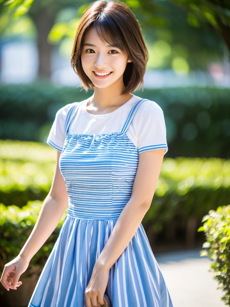 ((Ultra high resolution, highest quality, masterpiece: 1.2), (realistic, photorealistic: 1.37), highly detailed, (Sunny daytime in Shibuya, professional lighting, photon mapping, radiosity, physically-based rendering, masterpiece, rich details, background blur))
A cute Japanese woman, 18 years old, wearing a casual striped dress. The outfit consists of a short, light blue and white striped dress with short sleeves. She is also wearing red canvas sneakers. Her hair is styled in a simple, shoulder-length cut with a light brown color. She has a happy smile, showing her teeth, and has glossy skin and shiny hair. The scene is highly detailed, with professional and realistic lighting. The style is realistic and photorealistic, with extreme attention to detail, and the character has an anatomically correct body structure. The character has a nice body and very beautiful skin. She is facing to the right, looking away from the camera with a natural, candid expression. Her gaze is directed to her right, avoiding the camera completely. (Correct body structure, accurate anatomy, ultra-high quality, realistic lighting, nice body, very beautiful skin, sunny daytime in Shibuya, background blur, facing right, looking away from the camera, natural candid photo)