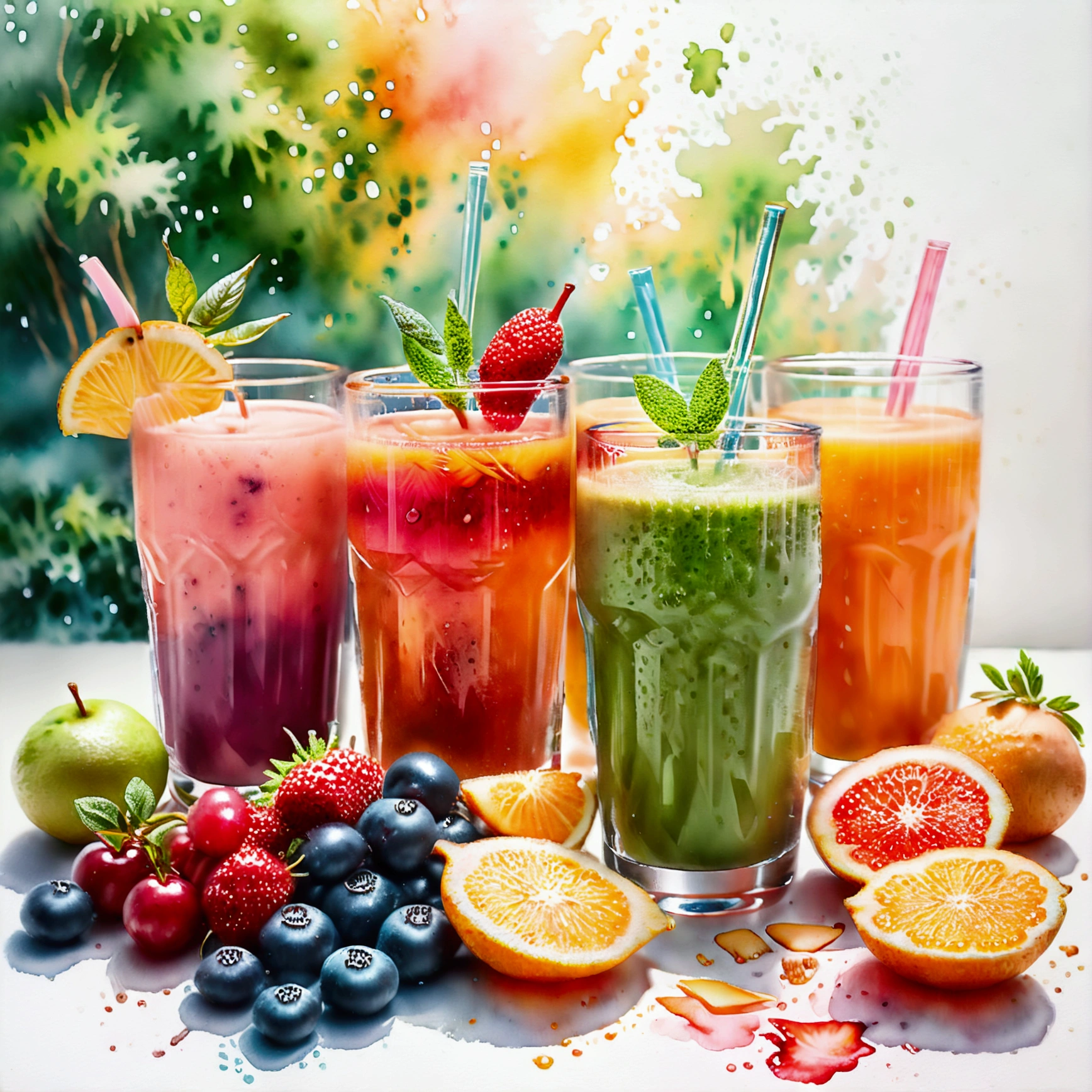 there are many types of colorful healthy drinks served in glasses, the glasses sitting on a surface, juices, smoothie and infused water , illustration, isolated with solid white background, surrounded with negative space, centered composition, highest detailed painting, very precise line, Isolated, clear solid white background, perspective angle of view, ((watercolor:1.5)), (lora:add-detail-xl:1), (masterpiece), (best quality), no bread on the floor, washed out color, (ghibli)