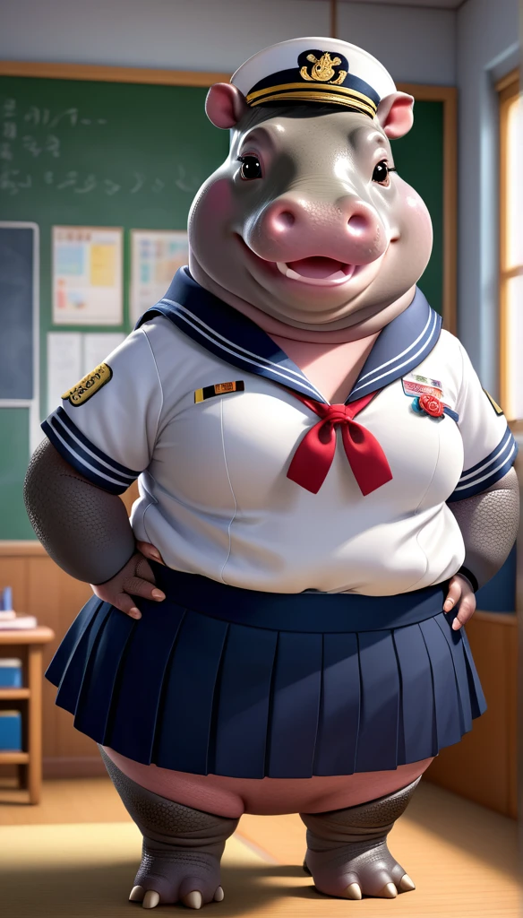  photorealistic portrait of Dressed animals-a ((fat)) (hippo) student,(furry), (elegant pose:1.5), (hands on hips:1.5),(smile:1.5),high quality,(),(lovely) ,intricate details, Wearing Japanese sailor uniform , (), highly detailed ((female sailor uniform)) ,highly detailed clothes, high sox , (happy), soft lighting,(full body image:2.0),in classroom background,clouds,score_9, score_8_up, score_7_up, score_6_up, score_5_up, score_4_up,