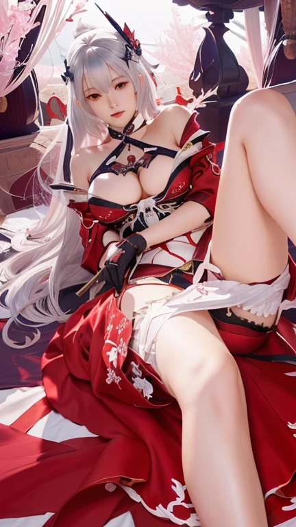 girl with a sword and a red dress laying on a bed, cushart krenz key art feminine, onmyoji detailed art, onmyoji, azur lane style, white haired deity,  goddess, seductive girl, detailed artwork, from the azur lane videogame, characters from azur lane, rossdraws sakimimichan