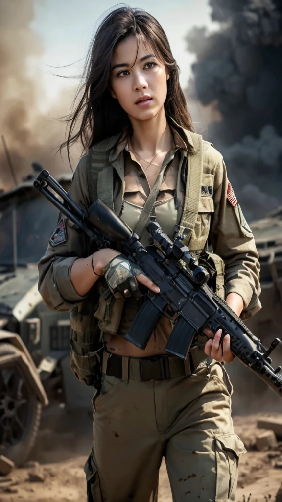 (8k, photo and gross, Best Quality, tmaSterpiece:1.2),(RealiSta, realiStic photograph:1.4),(Highly detailed CG Unity 8k wallpaper),(round face: 1.5), (detailed student:1.3),
24 yo, HermoSa mujer coreana, tanned, bronze skin, VeStido U.S. Uniforme del Cuerpo de MarineS, Luchando en el battlefield, Strong muScleS, war mundial, Modern war theme,
Army Girl, fuSil de aSalto, (SoSteniendo el rifle: 1.3), (Aim and hold the rifle...: 1.3), Military girl, Infantry girl, Shooting, air Strike, air Strike, military, camouflage uniform, Burning of vehicleS, war zone, battlefield, war, reStoS, ExploSioneS, La ciudad en llamaS, in it, Torre de tanque deStrozada, OmbligoS, glove, PantaloneS militaryeS rotoS,
Un roStro manchado de barro y Sangre, piel mojada por el Sudor, Piel con Sangre, Mud stained skin, tiny, eScote, Determination ExpreSSionS, Strict wording, The best
, LoS ultra-HighreS, AbSurdoS, realiSta, phiSically-baSed render(phiSically-baSed render(phiSically-baSed render(phiSically-baSed render(phySically baSed repreSentation)))), cinematic lighting, Complex and cinematic appearance,
cinematic Soft light, tonoS relajanteS, AntecedenteS del battlefield, AntecedenteS de la guerra de la ciudad, fotorrealiSta, FotoS de vaqueroS, Dynamic Angle, large breaSt