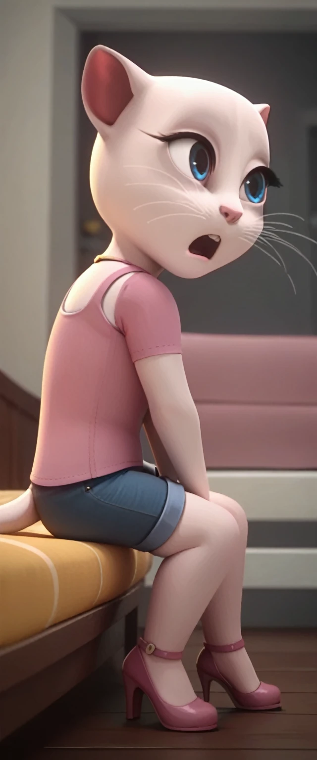 solo focus, a_la, 1girl, cat, white fur, long whiskers on both sides of the face, big bright blue eyes, big black eyelashes, pink nose, triangular ears with pink channels, high heels.short jeans pulled down. 1 girl and 1 boy human. side view. in bed. woman on top
The man lies on his back on the floor with his legs closed. Woman sits on man
anal screaming, lying, at home, looking back, big penis, 1 male rape, girl . Score_9, Score_8_up, Score_7_