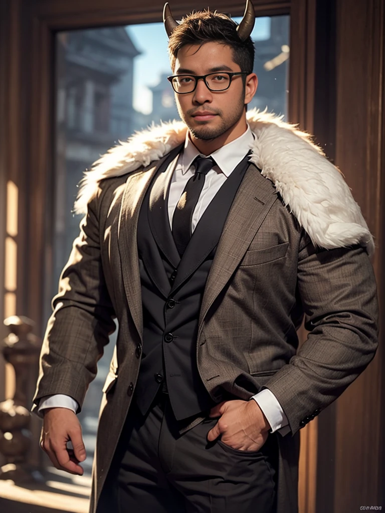 crew cut, (((full body))), (((landscape))), mature man, [slightly fat], asian man, rounded face, brown eyes, ((rounded face)), glasses, balding, 1boy, Solo, (big shoulders), (((stubbles, Short beard))), there is a man in a suit with horns on his head, masterpiece anthro portrait, furry character portrait, commission for high res, anthropomorphic furry art, anthropomorphic wolf male, epic and classy portrait, furry fantasy art, anthro art, a minotaur wolf, very very beautiful furry art, dapper dream demon, furry art