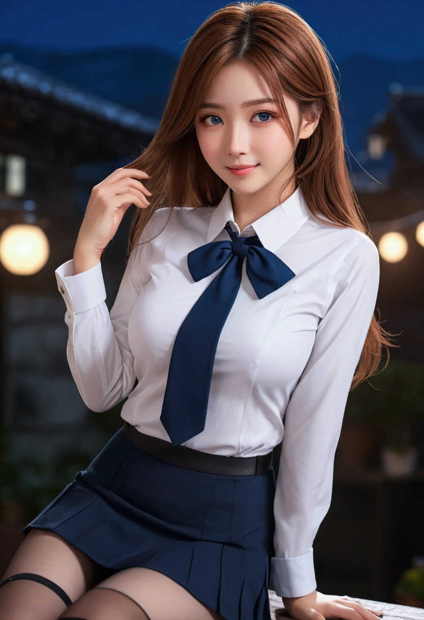 ((masterpiece, best quality, high resolution, ultra high definition, Pixel perfect, depth of field, 4K, RTX, human development report))), 1girl in, single, alone, Beauty、see whole body、 ((Long hair to waist, Short Liuhai, reddish brown hair)), ((blue eyes, beautiful eyelashes, realistic eyes)), ((Detailed face, blush:1.2)), ((smooth texture:0.75, Lifelike texture:0.65, lifelike:1.1, Anime CG style)), medium breasts, Perfect body, ((Office worker suit, shirt showing shoulders, short skirt ,Black tights)), Smile, side sitting position, Look down from above、(The wind is strong and blows my hair,Expose left shoulder、Black tights) , Night view hot spring,Snowy nights, oversized shirt, tight shirt,