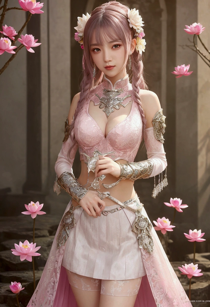 Sexy woman in white gold and pink lotus lace armor dress, Chengwei Pan at Art Station, Jan J, Detailed fantasy art, Amazing character art, Fan Art Best Art Station, Magnificent and elaborate character art, Beautiful Armor, Highly detailed art gems, Detailed digital anime art, Art Station pixiv&#39;s artgerm, Armor Girl, Cleavage Big Tits:1.2, (mini skirt:1,5)、Scattering petals