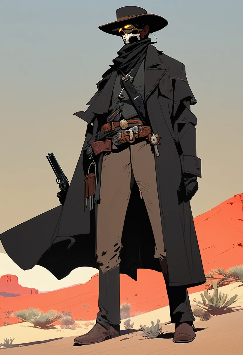 score_9, score_8_up, score_7_up, score_6_up, score_5_up, score_4_up, 1man, Western, Desert, red sun, scorching sun, arid, Horizon, far away, Wild West, red dead Redemption, cartoon art style, Holstered pistol, ready to draw, black hat, black overcoat, dark, Bandit, old west town, City, Skull belt, cloth mask