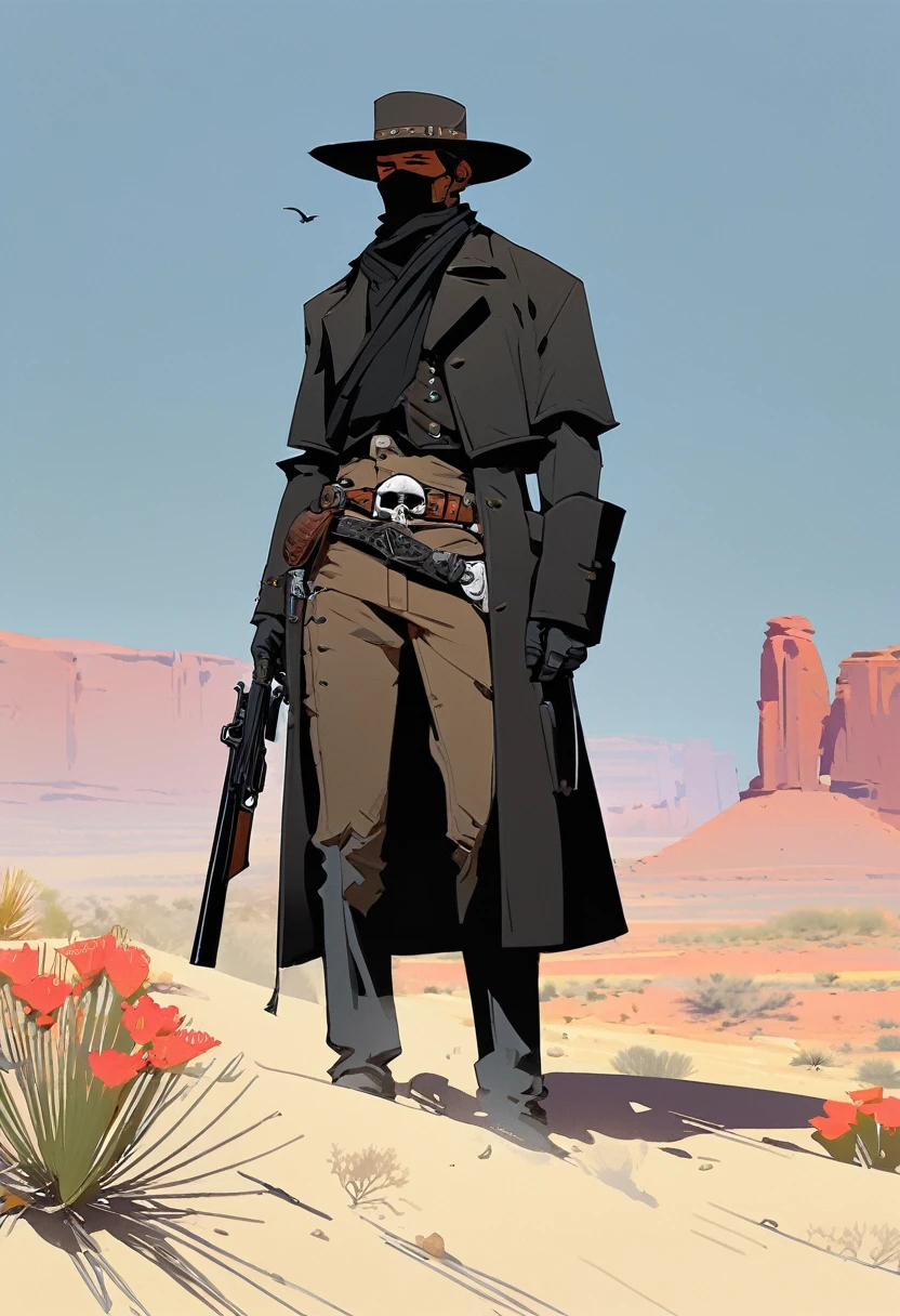 score_9, score_8_up, score_7_up, score_6_up, score_5_up, score_4_up, 1man, Western, Desert, red sun, scorching sun, arid, Horizon, far away, Wild West, red dead Redemption, cartoon art style, Holstered pistol, ready to draw, black hat, black overcoat, dark, Bandit, old west town, City, Skull belt, cloth mask