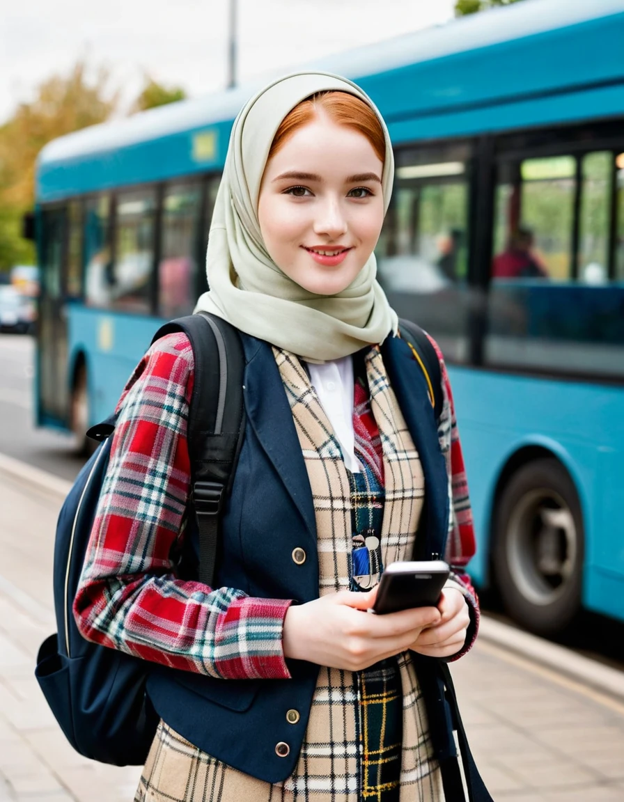 photography full body portrait of very beautiful realistic girl, 18-years-old, holding a smartphone, standing in front of a bus stop, carrying backpack, wear hijab headscarf, uniform with royal Stewart tartan vest, porcelain skin, very fair skin, very pale skin, redhead, detail skin texture, hazel eyes, slanted eyes, small nose, small nostril, think curved eyebrow, thick bottom lip, seductive gaze, happy face, unique face, detail photo, realistic photo, master piece picture, sharp picture, outdoor clear daylight 