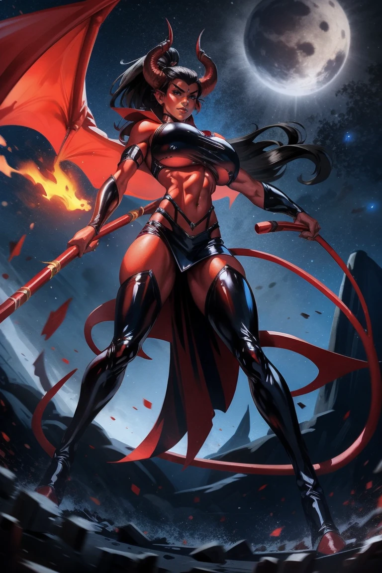 Red skin succubus tiefling, digitigrade legs, full breasts, medium breasts, black horns, wings, huge tail, black leather, crop top, long flowing pelvic curtain, tall, toned, graceful, thin, long black ponytail. Action scene, whip. Dark scene, explosions, night sky.