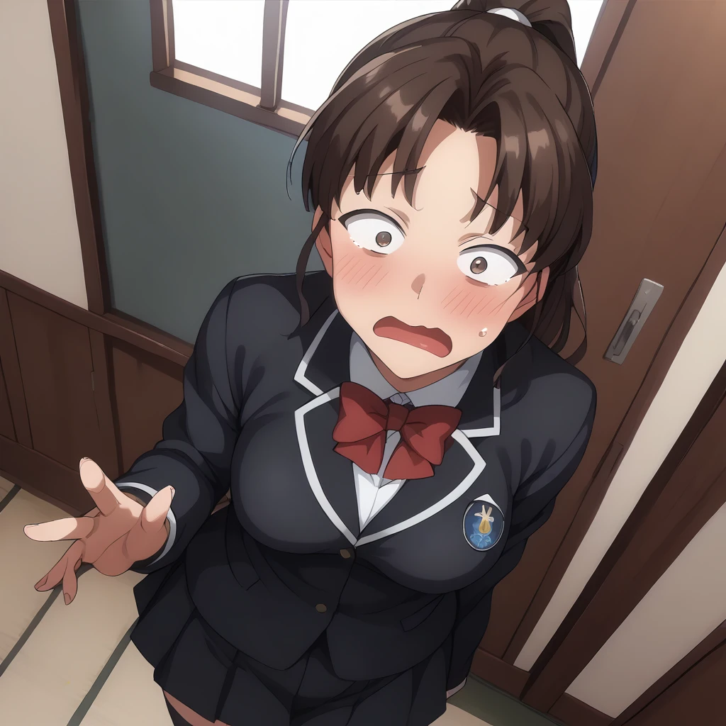 blush,sweat,surprised,from above,half-closed eyes,looking at viewer,wavy mouth,open mouth,embarrassed,
solo,
YuukoKawashima,brown eyes,sanpaku,1girl,black brown hair,ponytail,
school_uniform,black blazer,red bowtie,
pleated_skirt,black skirt,
black socks,
full body,standing,
