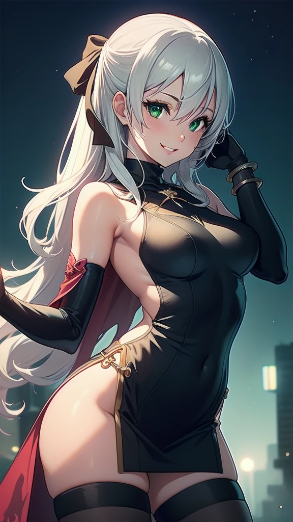 masterpiece, best quality, solo girl, silver hair, green eyes, long hair, medium breasts, sexy body and face, wavy hair, smile, parted lips, gradient clothes, dress, elbow gloves, sleeveless, bare shoulders, cape, boots, bracelet, sleeveless dress, ribbon, black gloves, turtleneck, short dress, pantyhose, black footwear, night, sexy pose, cowboy shots, detailed body, face, and eyes, sharp focus, vibrant, creative, dynamic, high definition, high resolution, 8k, (Upscale: R-ESRGAN 4x+ Anime6mage enchance:4x), voluptuous body, cinema lightning, dakimakura style, looking at the viewer, hair ribbon