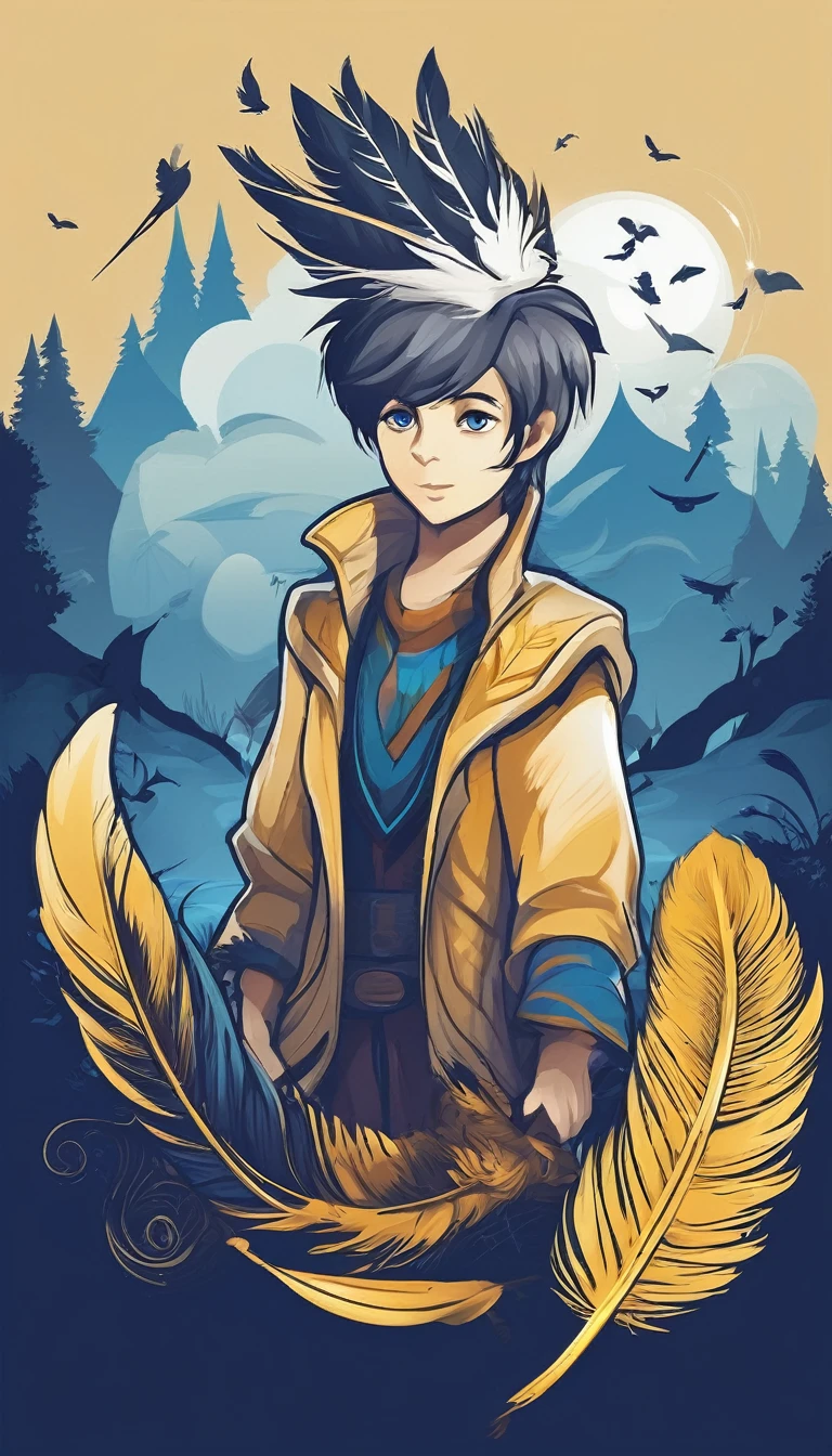 Create a minimalistic, simple, fantastic, easy to understand, logo design of a boy and a feather for an upcoming Fantasy Role Playing Game called " Penamemoria". The game is about a world full of bird and feathers. A boy enters that world and discovers his true artistic identity. Create a logo design that transmits the essence of this videogame. It´s a fantasy game, with fantasy elements. Create the logo in the center and a fantasy theme as background. Use the colours blue, white, yellow in the logo. The logo design must convey a sense of fantasy, dreams and music. Must convey a feeling of being a true Dreamer