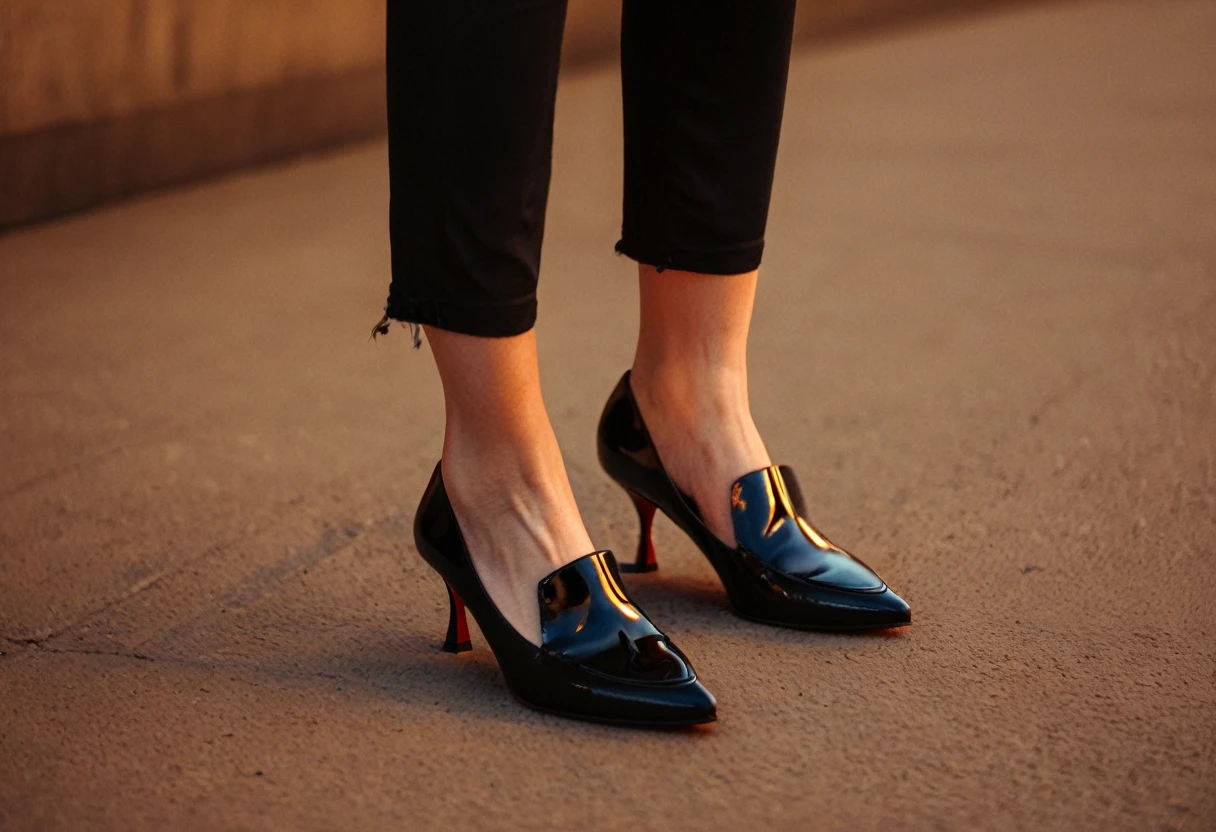 color digital photograph of Lucie Prochazka a woman from czech republic wearing (a black blazer), (a white t-shirt), (black skinny jeans), (black ankle boots), (pearl earrings), (red lipstick), and Slingbacks shoes shot on Nikon Z9 by Denis Karasev, 26 years old, pale skin, (long hair), tiny figure, small breasts, feeling (feeling Hate, Intense, Hostile, Aversion, Anger, Resentment, Disgust, Animosity, Hostility, Loathing, Malice, face: Scowl, Frown, Glare, Narrowed Eyes, Sneer, Lip Curl, Tense Jaw, Raised Eyebrows, Cold Stare, Contempt), at golden hour,full body, masterpiece, natural lighting, (outdoor setting:1.2), warm tones, side lighting, natural skin details, 4k, UHD, masterpiece, detailed eyes, detailed face, detailed skin, perfect hands, perfect feets, photo, high skin detail, moles, imperfect skin, ultra realism, RAW photo, subsurface scattering
