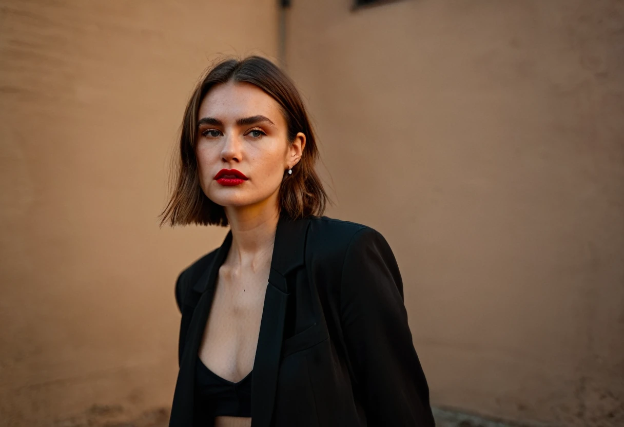 color digital photograph of Lucie Prochazka a woman from czech republic wearing (a black blazer), (a white t-shirt), (black skinny jeans), (black ankle boots), (pearl earrings), (red lipstick), and Slingbacks shoes shot on Nikon Z9 by Denis Karasev, 26 years old, pale skin, (long hair), tiny figure, small breasts, feeling (feeling Hate, Intense, Hostile, Aversion, Anger, Resentment, Disgust, Animosity, Hostility, Loathing, Malice, face: Scowl, Frown, Glare, Narrowed Eyes, Sneer, Lip Curl, Tense Jaw, Raised Eyebrows, Cold Stare, Contempt), at golden hour,full body, masterpiece, natural lighting, (outdoor setting:1.2), warm tones, side lighting, natural skin details, 4k, UHD, masterpiece, detailed eyes, detailed face, detailed skin, perfect hands, perfect feets, photo, high skin detail, moles, imperfect skin, ultra realism, RAW photo, subsurface scattering