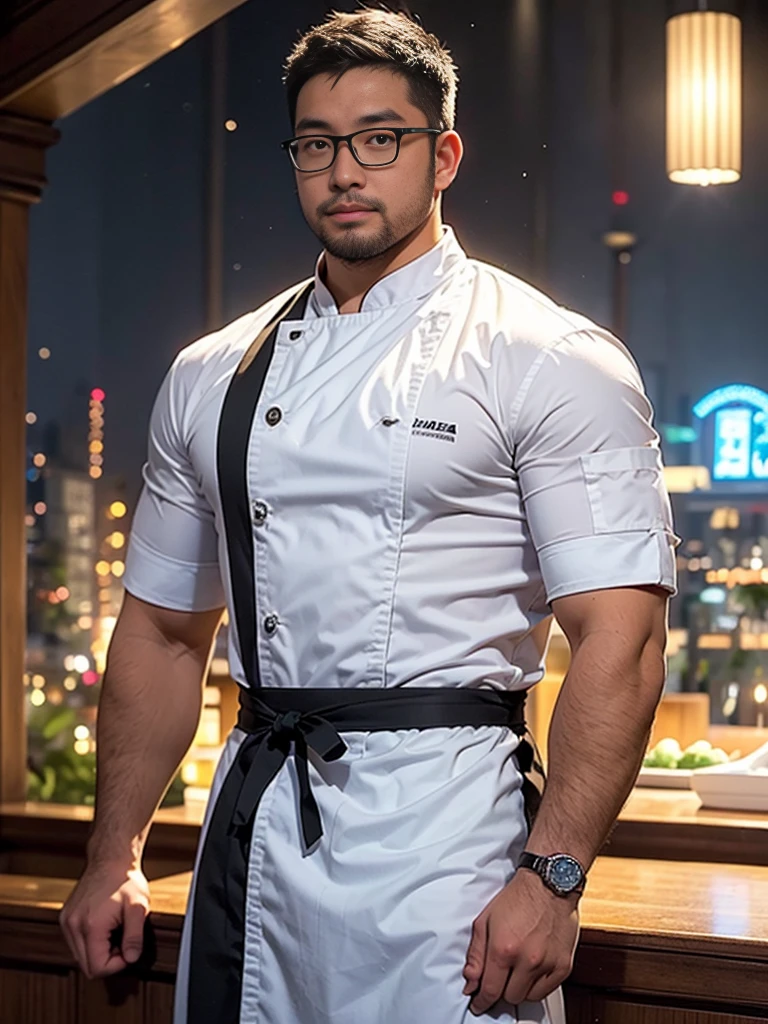 crew cut, (((full body))), (((landscape))), mature man, [slightly fat], asian man, rounded face, brown eyes, ((rounded face)), glasses, balding, 1boy, Solo, (big shoulders), (((stubbles, Short beard))), A tall and handsome young chef，Stand on the edge of the dream space, eyes glowing, Surreal scenes filled with symbols and patterns of various skills, ,in the style of the stars art group xing xing, 32K, Best quality, Masterpiece, Super detail, High details,