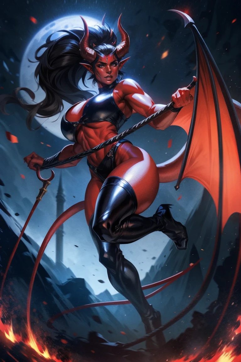 Red skin succubus tiefling, digitigrade legs, full breasts, medium breasts, black horns, wings, huge tail, black leather, crop top, long flowing pelvic curtain, tall, athletic, graceful, thin, long black ponytail. Action scene, whip. Dark scene, explosions, night sky.