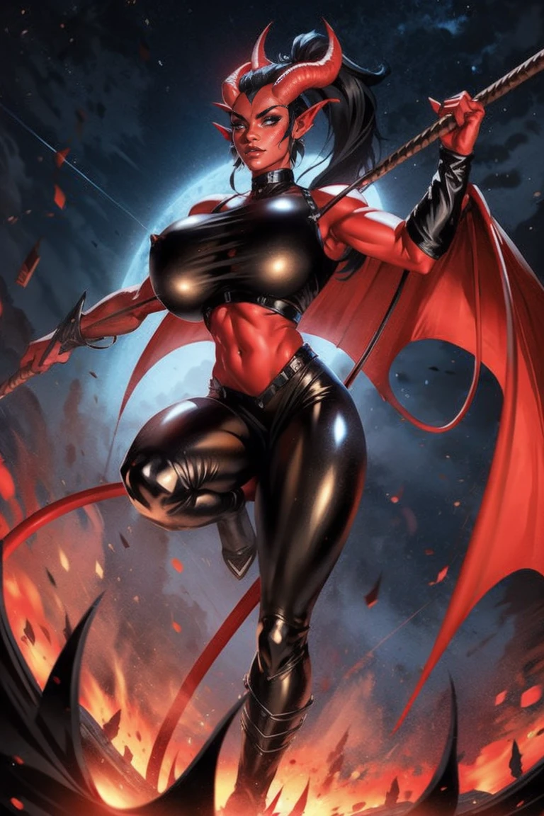 Red skin succubus tiefling, digitigrade legs, full breasts, medium breasts, black horns, wings, huge tail, black leather, crop top, long flowing pelvic curtain, tall, athletic, graceful, thin, long black ponytail. Action scene, whip. Dark scene, explosions, night sky.