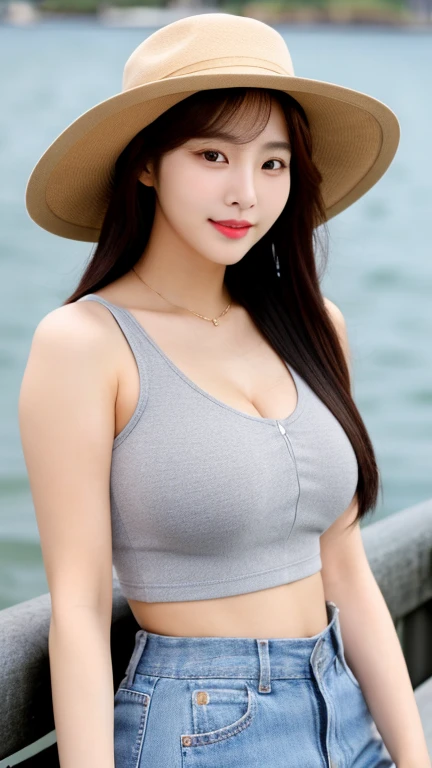 Close-up photo of a beautiful Korean woman, Bust size 34 inches, Wearing a gray crop top, hat, at the pier, It&#39;s foggy., bokeh background, UHD 