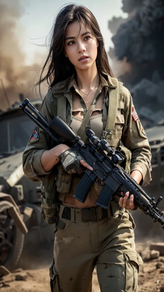 (8k, photo and gross, Best Quality, tmaSterpiece:1.2),(RealiSta, realiStic photograph:1.4),(Highly detailed CG Unity 8k wallpaper),(round face: 1.5), (detailed student:1.3),
24 yo, HermoSa mujer coreana, tanned, bronze skin, VeStido U.S. Uniforme del Cuerpo de MarineS, Luchando en el battlefield, Strong muScleS, war mundial, Modern war theme,
Army Girl, fuSil de aSalto, (SoSteniendo el rifle: 1.3), (Aim and hold the rifle...: 1.3), Military girl, Infantry girl, Shooting, air Strike, air Strike, military, camouflage uniform, Burning of vehicleS, war zone, battlefield, war, reStoS, ExploSioneS, La ciudad en llamaS, in it, Torre de tanque deStrozada, OmbligoS, glove, PantaloneS militaryeS rotoS,
Un roStro manchado de barro y Sangre, piel mojada por el Sudor, Piel con Sangre, Mud stained skin, tiny, eScote, Determination ExpreSSionS, Strict wording, The best
, LoS ultra-HighreS, AbSurdoS, realiSta, phiSically-baSed render(phiSically-baSed render(phiSically-baSed render(phiSically-baSed render(phySically baSed repreSentation)))), cinematic lighting, Complex and cinematic appearance,
cinematic Soft light, tonoS relajanteS, AntecedenteS del battlefield, AntecedenteS de la guerra de la ciudad, fotorrealiSta, FotoS de vaqueroS, Dynamic Angle, large breaSt