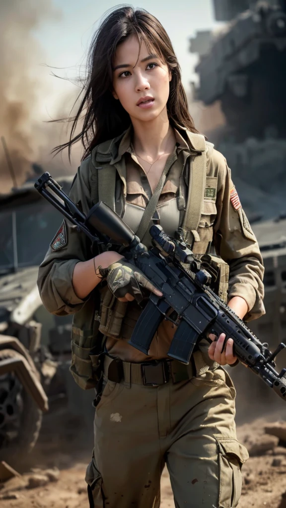 (8k, photo and gross, Best Quality, tmaSterpiece:1.2),(RealiSta, realiStic photograph:1.4),(Highly detailed CG Unity 8k wallpaper),(round face: 1.5), (detailed student:1.3),
24 yo, HermoSa mujer coreana, tanned, bronze skin, VeStido U.S. Uniforme del Cuerpo de MarineS, Luchando en el battlefield, Strong muScleS, war mundial, Modern war theme,
Army Girl, fuSil de aSalto, (SoSteniendo el rifle: 1.3), (Aim and hold the rifle...: 1.3), Military girl, Infantry girl, Shooting, air Strike, air Strike, military, camouflage uniform, Burning of vehicleS, war zone, battlefield, war, reStoS, ExploSioneS, La ciudad en llamaS, in it, Torre de tanque deStrozada, OmbligoS, glove, PantaloneS militaryeS rotoS,
Un roStro manchado de barro y Sangre, piel mojada por el Sudor, Piel con Sangre, Mud stained skin, tiny, eScote, Determination ExpreSSionS, Strict wording, The best
, LoS ultra-HighreS, AbSurdoS, realiSta, phiSically-baSed render(phiSically-baSed render(phiSically-baSed render(phiSically-baSed render(phySically baSed repreSentation)))), cinematic lighting, Complex and cinematic appearance,
cinematic Soft light, tonoS relajanteS, AntecedenteS del battlefield, AntecedenteS de la guerra de la ciudad, fotorrealiSta, FotoS de vaqueroS, Dynamic Angle, large breaSt