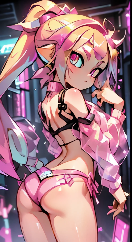 Rear View, Rear view,((masterpiece)), Best Quality, Absurd, Super detailed, Real Anime、3d、Holographic, Cowboy Shot, Golden Ratio, Very cute Splatoon girl,(Beautiful Eyes，Detailed pupil:1.4)，  Mature Girls, idle girl, Super beautiful Asian girl with very beautiful golden bright eyes, Beautiful multicolored shiny brown tentacle hair, High Ponytail, nice and sexy body, Slim body, Perfect body, Super tight off-the-shoulder long sleeve crop top, Super aesthetic transparent mini jacket, Beautiful hair ornaments, pink jordan tennis, Taking photos inside a shopping mall,( Take off your clothes, Showing off her neon pink panties, showing thong: 1.5),( More about beautiful hands),(Tokyo city cyberpunk AI background:1.4)