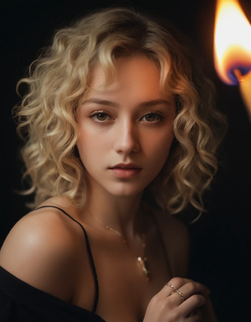 young woman, curly blonde hair, dark background, lighting contrast, match flame, moody atmosphere, warm colors, close-up, Sepia filter, gaze, nose ring, casual wear, Foreground, discreet lighting, soft shadows, selective focus, hips, jewelry, rings, draw up, Dramatic, a secret, intimate, cinematic feeling., Fujifilm XT3, canon R5, Fujicolor Fujichrome Velvia 100