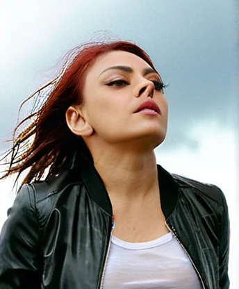 1 girl. Mila Kunis. Red hair. black jacket. cutout. Sweating. Sub. Wet. orgasm on face. open mouth. looking at the camera. cloudy sky. looking down. low angle. At chest height. ((bottom view))