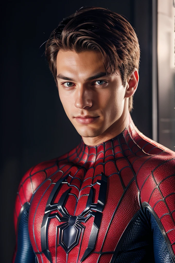 A photograph of spider man, no mask, 20 yo, handsome, detailed face, looking at camera, portrait, 8k uhd, high quality