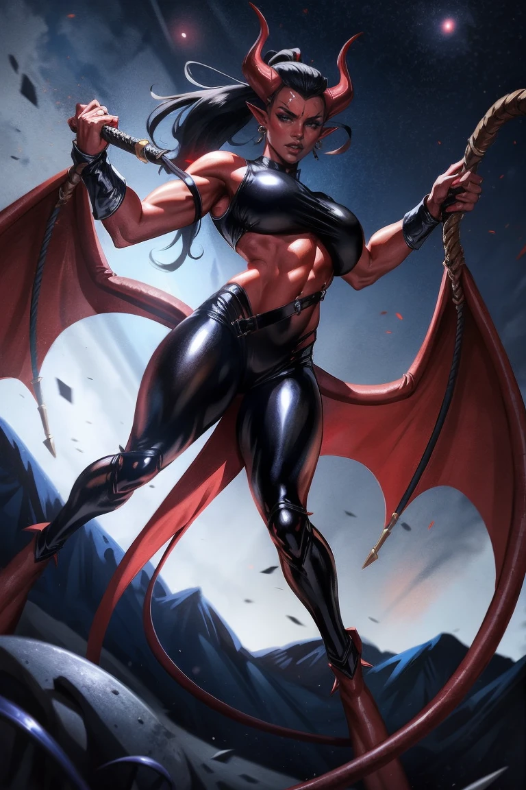 Red skin succubus tiefling, digitigrade legs, full breasts, medium breasts, black horns, wings, huge tail, black leather, crop top, long flowing pelvic curtain, tall, toned, graceful, thin, long black ponytail. Action scene, whip. Dark scene, explosions, night sky.