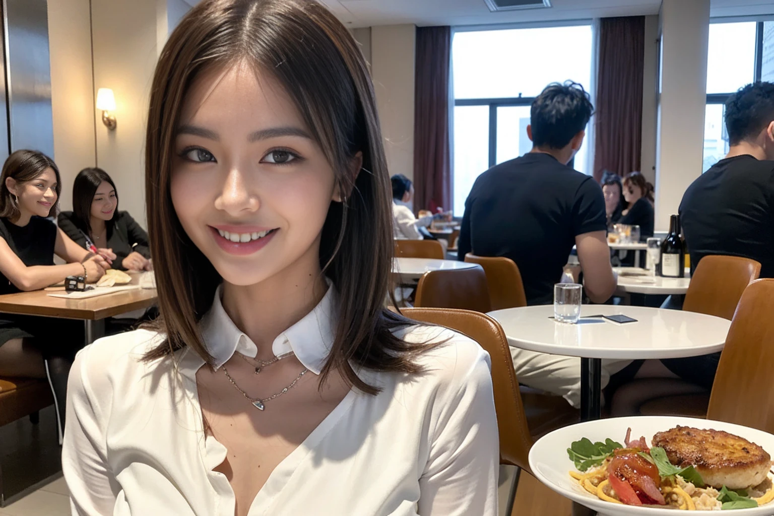((Highest quality、8K、masterpiece:1.3))、cute、slimカップル、modelカップル、actress男優、(Realistic, Intricate details:1.2), full-course dinner、Wine Party、Amazing view of the sunset sky and clouds、A bright smile、short hair,Bright Face、 (Age 44), 42 years old, red wine 、Appetizers、Italian food、Wine bottle、Champagne、sparkling wine、Two beauties、Brown Hair、Shortcuts、Long sleeve shirt、dress、Beautiful woman 1, (slimな顔), (The body is slim), (Brown Hair), (Shortcuts), cheeks turn a little red,Attractive beauty、restaurant, In a prominent place (From the waist up) Nova Frog Style, actress, model, Upper Body, White wine, slim, wine glass, 中央に置かれたwine glass, smile, (smile: 1.15), Beautiful fine grain, Depth f/2,saturation, High Contrast, Strong light and shadow,Moist Body:1.5、3D texture、Delicate eyes、Brown Hair、The hair is very shiny、