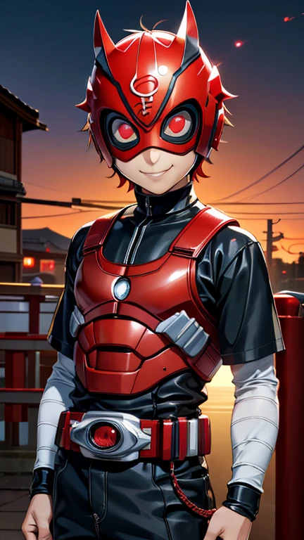 (8k),(masterpiece),(Japanese),(8-year-old boy),((innocent look)),((Childish)),From the front,smile,cute,Innocent,Kind eyes,Flat chest, Gaara,Kamen Rider,red helmet,red superhero mask,camisa,no Hair,night,dark, Neon light cyberpunk Konoha village