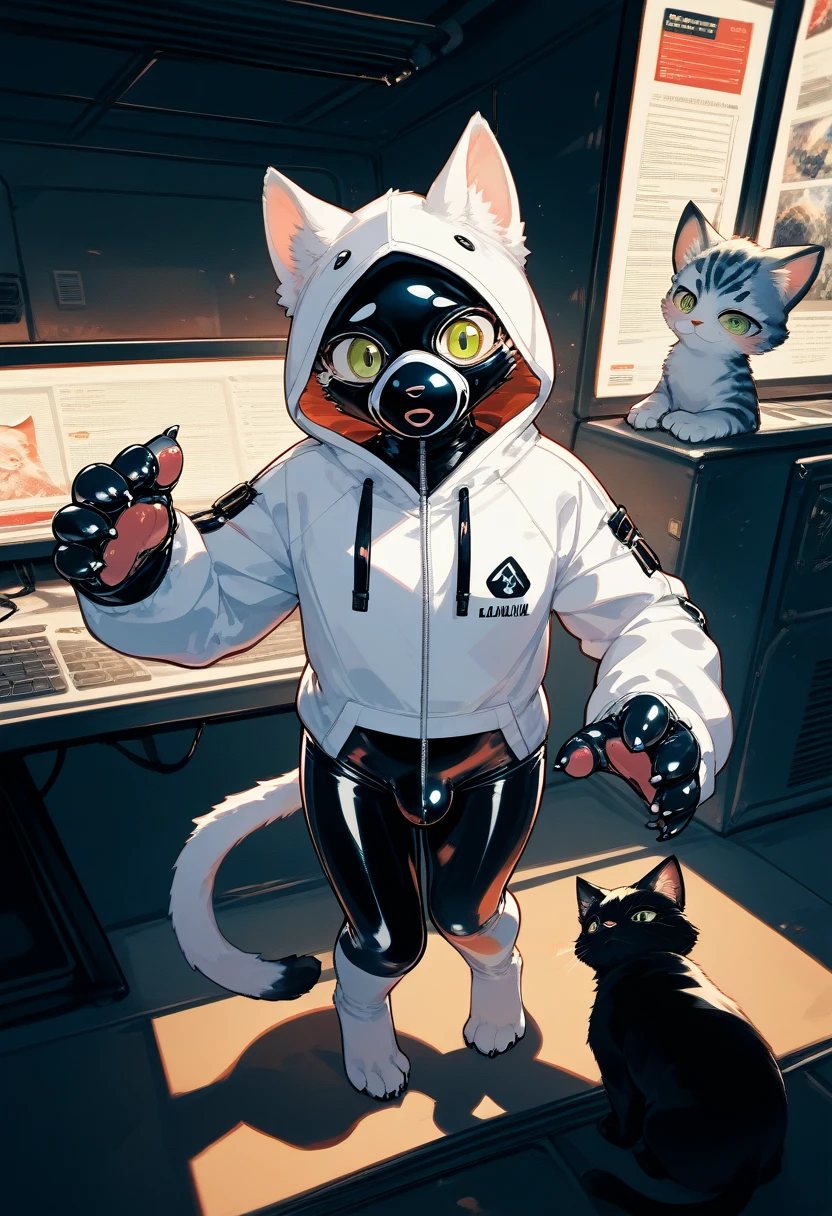 Highest quality, Highest quality, High quality illustrations, masterpiece, Ultra-high resolution, Detailed Background, Games Room, Absurd, Perfect Anatomy, performance, Good lighting, Shadows in the movies(kemono, Furry PersonifiCation), Cat, Dark Skin, Rubber suit, Rubber suit, latex, neon, neonライト, neonカラー, Rubber spats, White rubber hoodie, Rubber mask, ribbon, Embarrassing, Null bulge, male, juvenile, From above