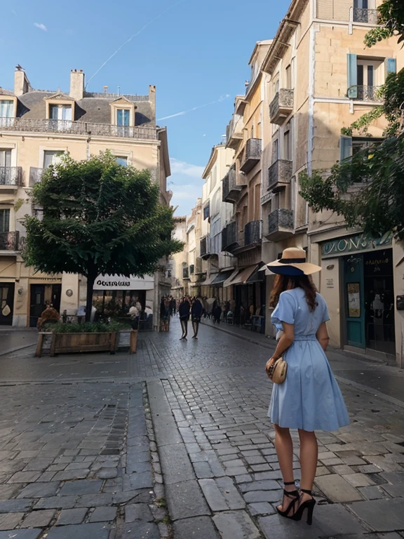 (meilleure qualité,haute résolution,Ultra-détaillé:1.2), hdr, Des couleurs vives, belle fille, Place de Barcelone, Atmosphère animée, Architecture de charme, fleurs colorées, Gens heureux, vue imprenable, café confortable, repas en plein air, temps ensoleillé, robe élégante, chapeau élégant, expression joyeuse, cheveux longs et flottants, artistes de rue dynamiques, foule animée, Musiciens de rue, stands de nourriture alléchants, REPERES historiques, pavé de mosaïque, fontaines décoratives, palmiers, Ciel bleu, Soleil chaud, rire et rire, moments d&#39;insouciance