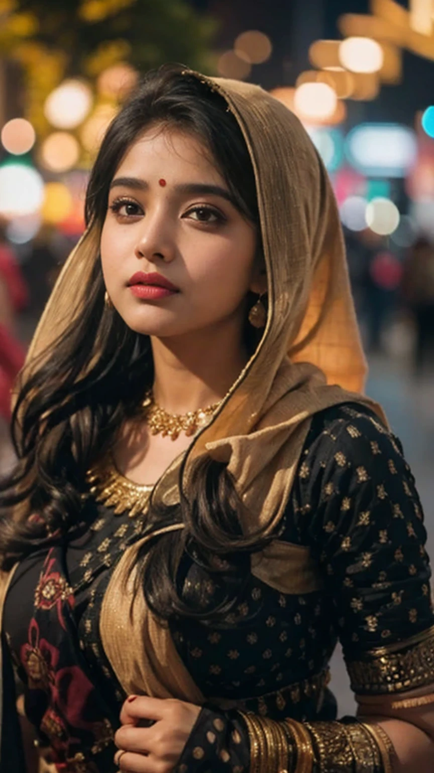 (((desi girl))), chubby face, natural skin, wearing hot deep neck top and dupatta, charming black hair, ((hair ends are blonde)), city streets background, bokeh