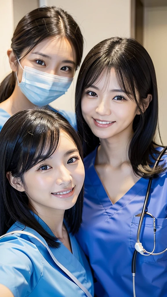 Dental hygienist, two women, wearing blue medical scrubs, Japanese, black hair, women in their early 20s Upper body close-up smile Photo shoot at the clinic Harmony々 Highest quality