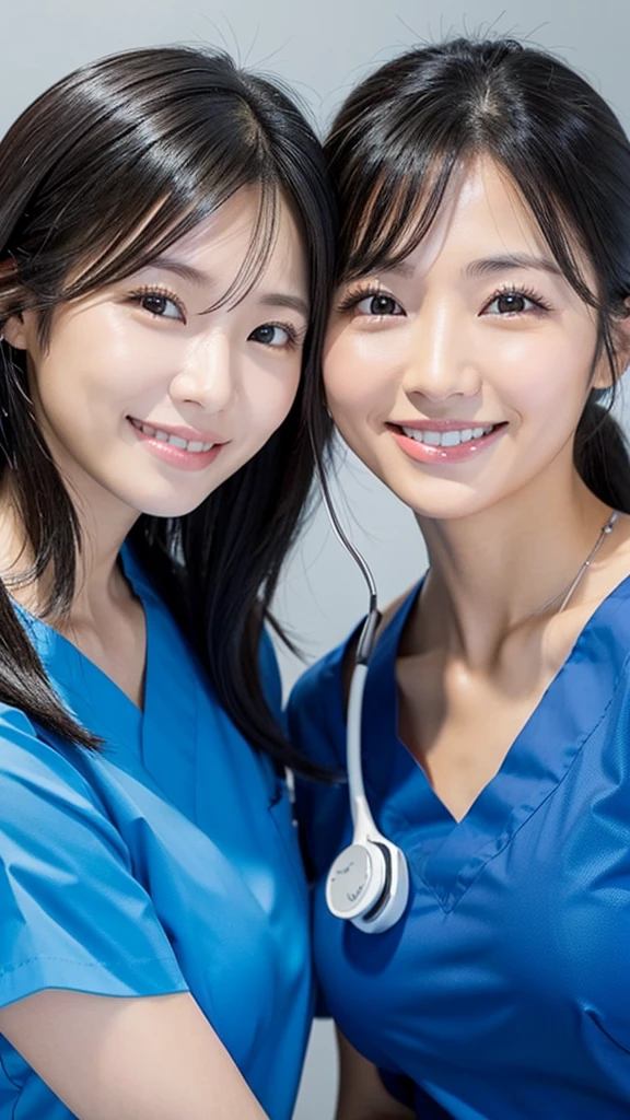 Dental hygienist, two women, wearing blue medical scrubs, Japanese, black hair, women in their early 20s　Upper body close-up　smile　Photo shoot at the clinic　Harmony々　Highest quality