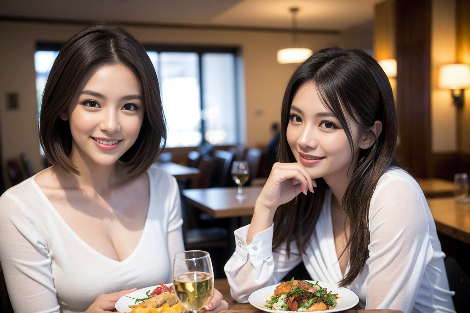 ((Highest quality、8K、masterpiece:1.3))、cute、slimカップル、modelカップル、actress男優、(Realistic, Intricate details:1.2), full-course dinner、Wine Party、Amazing view of the sunset sky and clouds、A bright smile、short hair,Bright Face、 (Age 45), 42 years old, red wine 、Appetizers、Italian food、Wine bottle、Champagne、sparkling wine、Two beauties、Brown Hair、Shortcuts、Long sleeve shirt、dress、Beautiful woman 1, (slimな顔), (The body is slim), (Brown Hair), (Shortcuts), cheeks turn a little red,Attractive beauty、restaurant, In a prominent place (From the waist up) Nova Frog Style, actress, model, Upper Body, White wine, slim, wine glass, 中央に置かれたwine glass, smile, (smile: 1.15), Beautiful fine grain, Depth f/2,saturation, High Contrast, Strong light and shadow,Moist Body:1.5、3D texture、Delicate eyes、Brown Hair、The hair is very shiny、