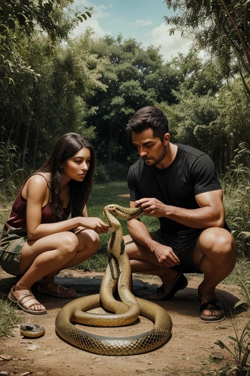 A man protect his family from a snake photo make should be oil painting and masterpiece