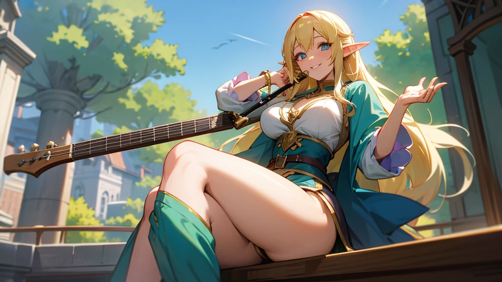 Thick thighs,Anime Style,A detailed background with many people,Magical World,People on the balcony,Smiling bard beautiful elf girl,guitar,Large Breasts