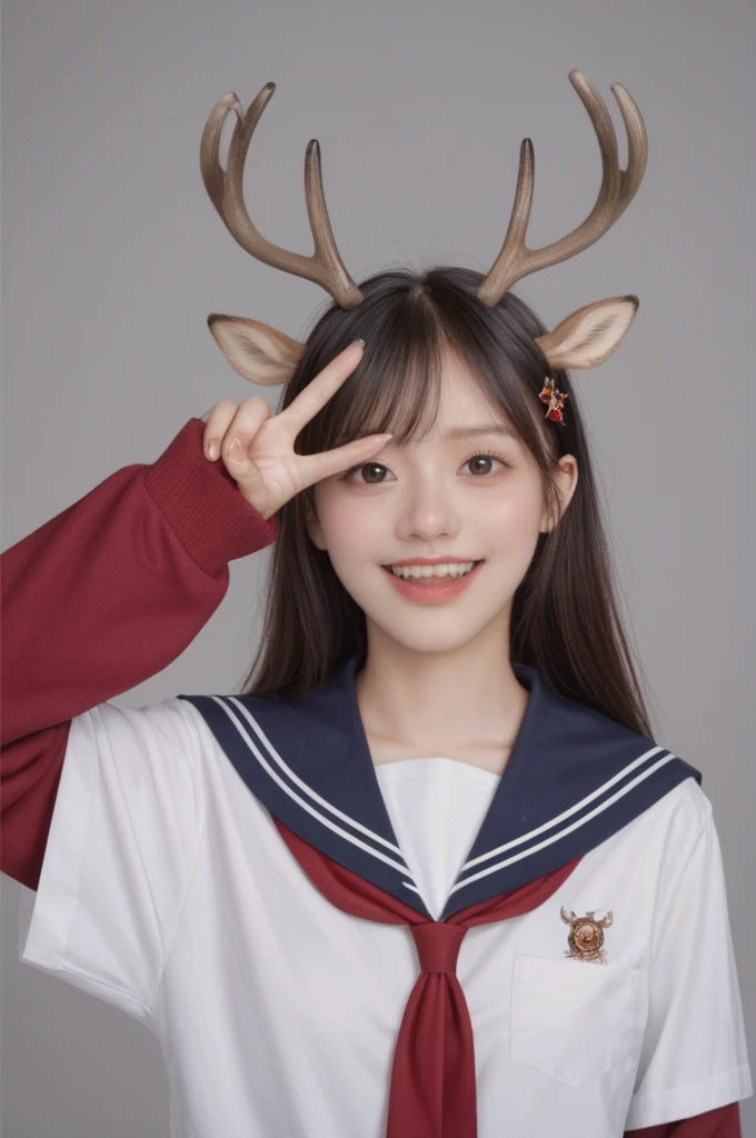realistic,score_9, score_8_up, score_7_up,
Hyperrealism,illumination, 1girl, stand, cowboy_shot, simple background, small breasts, from front, Deer antler hairpin,Dynamic lens,Dynamic Action,Give a V victory sign, Girls' high school uniform,Double tail,sharp teeth,