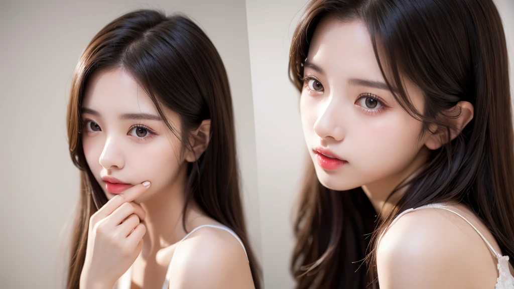 A cute 20-year-old girl is thinking、Medium Hair,Natural color lip, Blur the background、Physiologically correct body