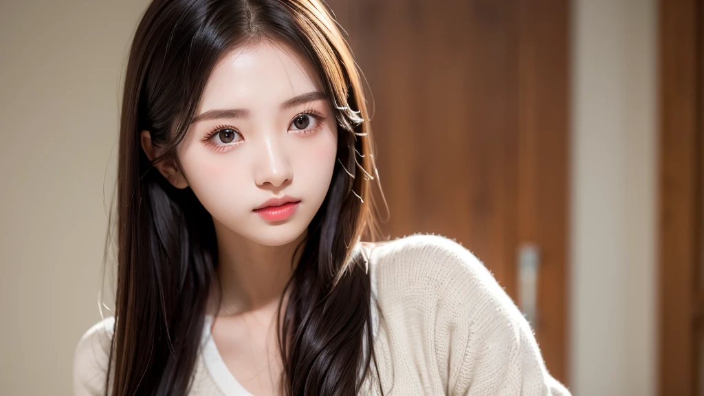 A cute 20-year-old girl is thinking、Medium Hair,Natural color lip, Blur the background、Physiologically correct body