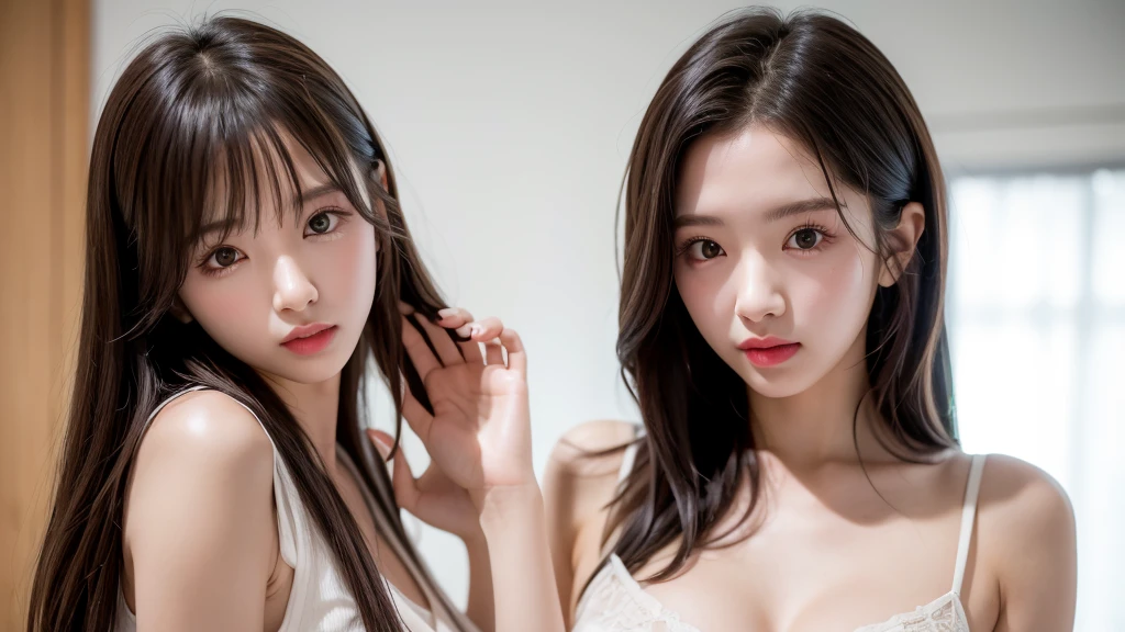 A cute 20-year-old girl is thinking、Medium Hair,Natural color lip, Blur the background、Physiologically correct body